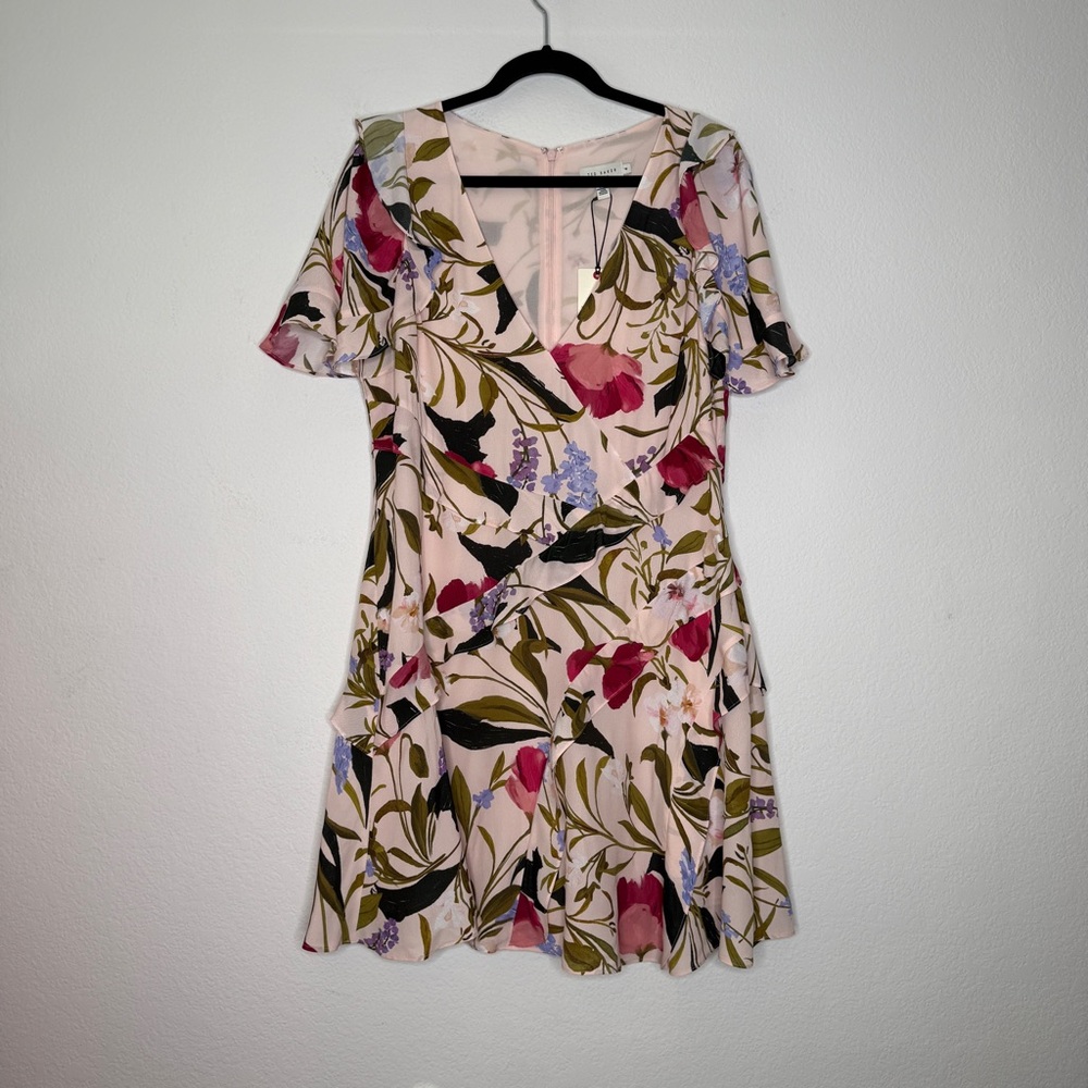 Ted Baker Issiia Pink Green Floral Frill Fit And Flare Mini Dress Size 10 NWT